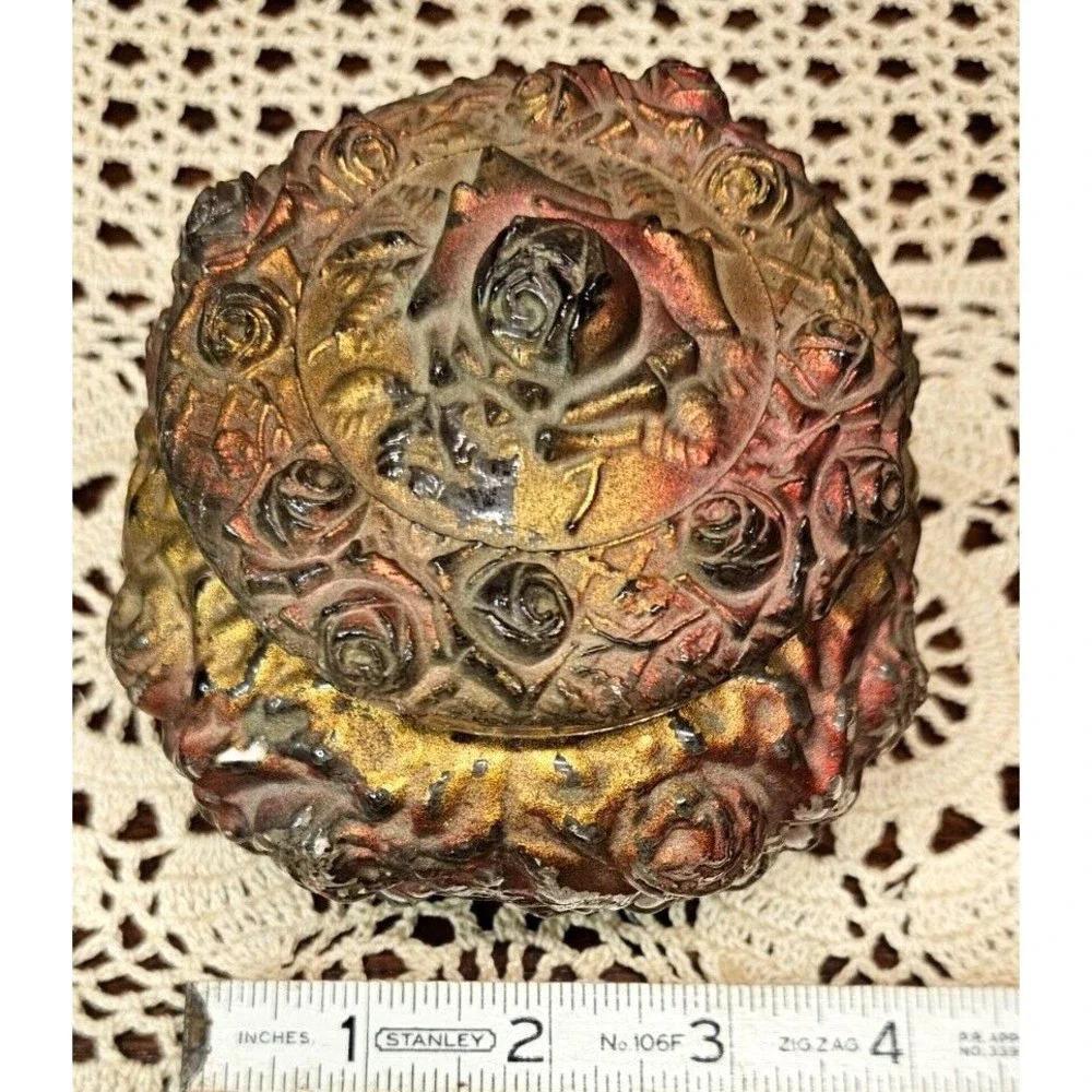 Antique Goofus Glass Victorian Rose Red Gold Vanity Decor Powder Jar Box